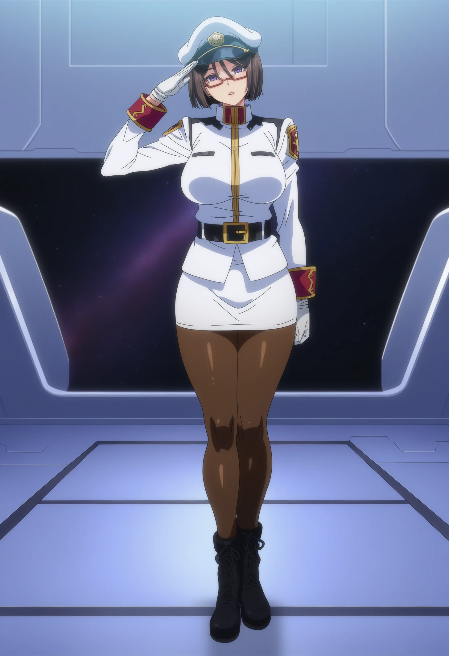 masterpiece, best quality, highres, absurdres, very awa, bloom, sidelighting, (anime screenshot:0.8), anime coloring, (game cg:0.8), 
Edwards Zenia, 1girl, solo, standing, legs legs together, salute, three quarter view, full body, 
looking at viewer, head tilt, parted lips, 
short hair, brown hair, purple eyes,  glasses,
naval uniform, white uniform, brown pantyhose, black belt, white gloves, peaked cap, pencil skirt, white skirt, lace-up boots, ankle boots, 
large breasts, thick thighs, curvy,
indoors, spacecraft interior, space station, square, 
 <lora:Edwards Zenia 3216 NoobAIXL Vpred:1> 5 fingers