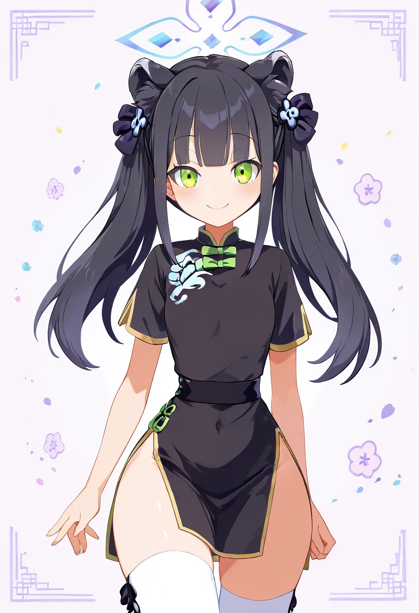 masterpiece, best quality, solo, curvy, beautiful eyes, narrow waist, wide hips, zzShun, green eyes, black hair, blunt bangs, long hair, animal ears, tiger ears, halo, animal ear fluff, twintails, tiger girl, extra ears, black dress, black footwear, china dress, shoes, short sleeves, white thighhighs, , <lora:ShunBlueArchiveIXL:1.0>, , smile, looking at viewer, cowboy shot, <lora:HaradaTakehitoIXL_v3:0.8>, <lora:ZankuroIXLLight_v2:0.3>,