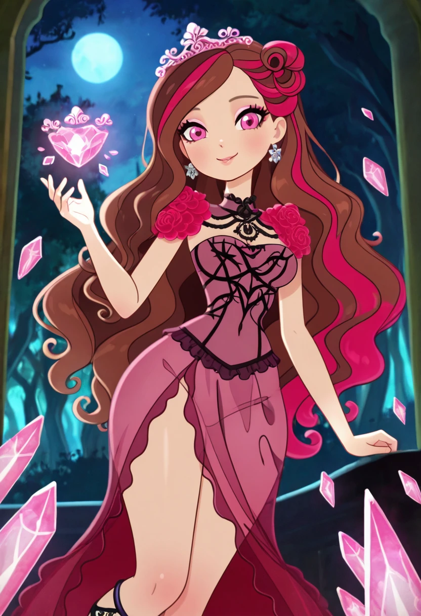 masterpiece, best quality, solo, curvy, beautiful eyes,  narrow waist, wide hips, looking at viewer, smile, zzBriar, pink eyes, brown hair, long hair, multicolored hair, pink hair, red hair, streaked hair, two-tone hair, wavy hair,  ,     <lora:BriarBeautyEAH_IXL:0.8>,  dynamic angle, foreshortening, close up, [Dreamcore Mirror Realm], Translucent gown, crystal anklets, Moving through a foggy surreal forest with floating mirrors and glowing shards, in a dreamlike state.