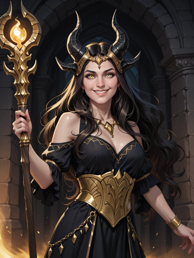 <lora:Takhisis__Dragonlance:0.7>
takhisis,, long hair, dark hair, yellow eyes,, horns,, dress, holding a staff, looking at the viewer, smiling
yellow eyes