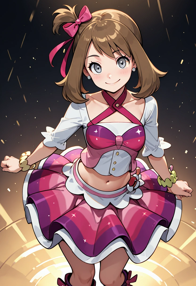masterpiece, best quality, solo, curvy, beautiful eyes,  zzMayIdol, grey eyes, brown hair, medium hair, one side up, hair ribbon,,, skirt, bow, ribbon, jewelry, hair bow, boots, bracelet, cosplay, idol, <lora:MayContestPokemon_IXL_v2:1.0>,from above, dynamic pose, cowboy shot, smile, looking at viewer, shiny skin,