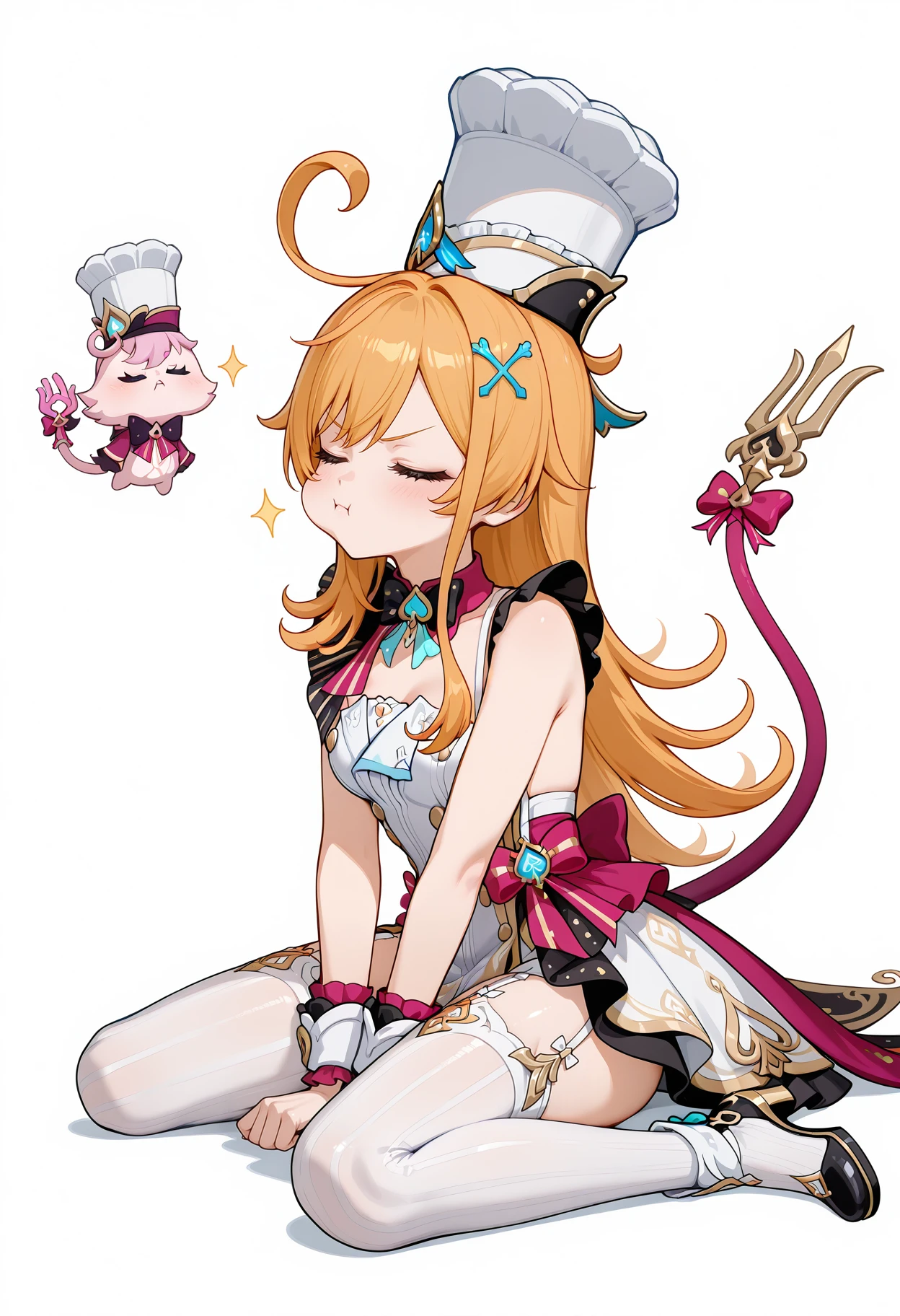 <lora:escoffier_illustrious-v1.3 (20):1>,
escoffier \(genshin_impact\),solo,thighhighs,hat,full body,garter straps,dress,closed mouth,breasts,black footwear,bow,white_background,white dress,tail,upper teeth only,wariza,pout,cheek bulge,arms_crossed,closed eyes,head up,looking_away,hair ornament,tail,looking_to_the_side,white thighhighs