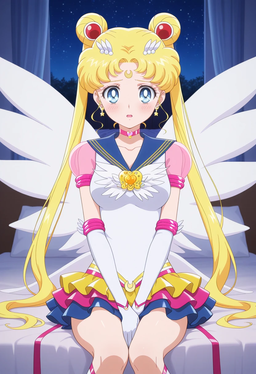 1girl,solo,<lora:eternal_sailor_moon.v3:1>,tsukino usagi,sailor moon,magical girl,blue eyes,sailor senshi uniform,twintails,sailor collar,jewelry,hair bun,crescent facial mark,forehead mark,choker,hair ornament,brooch,earrings,elbow gloves,layered skirt,multicolored skirt,star \(symbol\),see-through sleeves,puffy short sleeves,ribbon,wings,
sitting on bed,looking at viewer,shame,blush,open mouth,hands_on_lap,covering_crotch,breasts,hotel bedroom,night,
masterpiece,best quality,amazing quality,