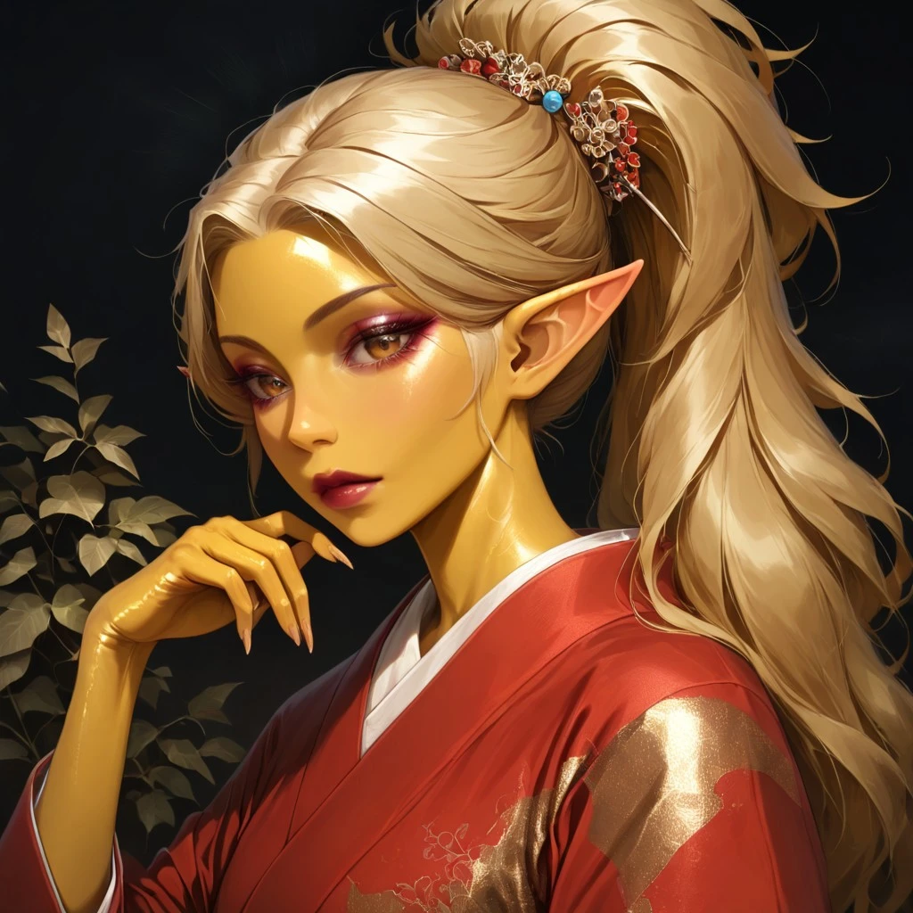 masterpiece, best quality, newest, absurdres, highres, DFAV1.5, 
1girl, asian, asian female, elf, elf girl, pointy ears, long hair, yellow skin, blonde hair, golden colored skin, ponytail long ponytail, high taied ponytail, makeup, mascara, brown eyes, golden eyes,
kimono, red kimono, japanese clothes, hair ornament,