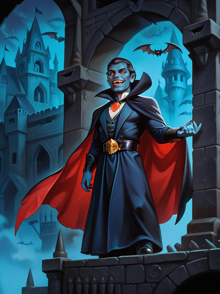 <lora:Strahd:0.7>
strahd,,male,,dark hair, fangs, colored skin, blue skin, glowing eyes,, cape,,
standing in a castle, bats, looking at viewer
smiling, friendly