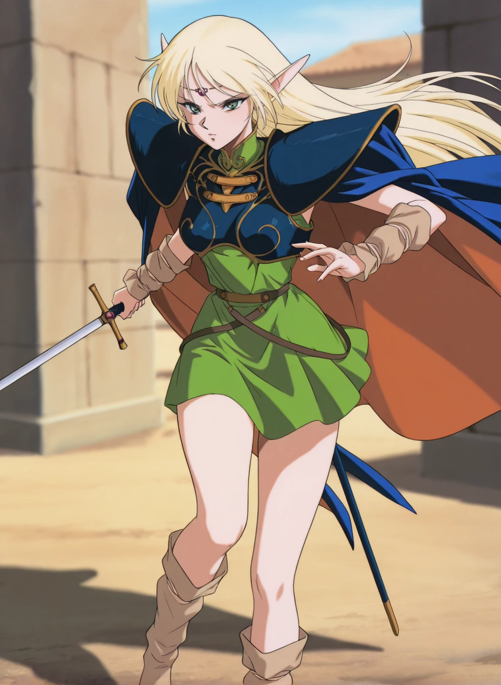 masterpiece,best quality,amazing quality,very aesthetic,high resolution,ultra-detailed,absurdres,newest,sensitive,depth of field,scenery BREAK
(1990s (style), retro artstyle),<lora:deedlit_V1_NOOB:1>,(deedlit,record of lodoss war,blonde hair,pointy ears,long hair,green eyes),(green dress, circlet, sleeveless,shoulder armor,armor,breastplate,cloak,blue cloak,boots),1girl,solo,serious,posing,outdoors,remains,rapier,holding sword,fighting stance,