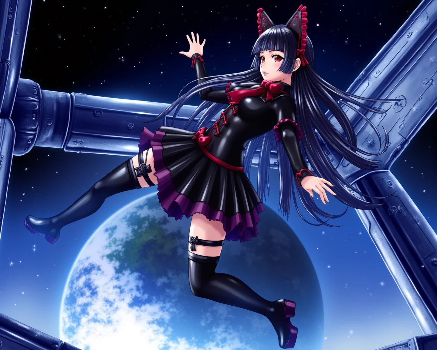 <lora:rory-mercury-flud-d-v2:1.0> Inside a silent orbital module, rory mercury floats in slow rotation, her small frame wrapped in a sleek, gothic-accented EVA suit. Her black thighhighs are visible through translucent pressure panels, and her black hair fans out in zero gravity. Without her halberd, the focus rests on her graceful presence and the red eyes that gaze down at the blue Earth below. The gothic headband stays fastened against her forehead as starlight reflects across her suitâs surface in a dreamlike ballet.