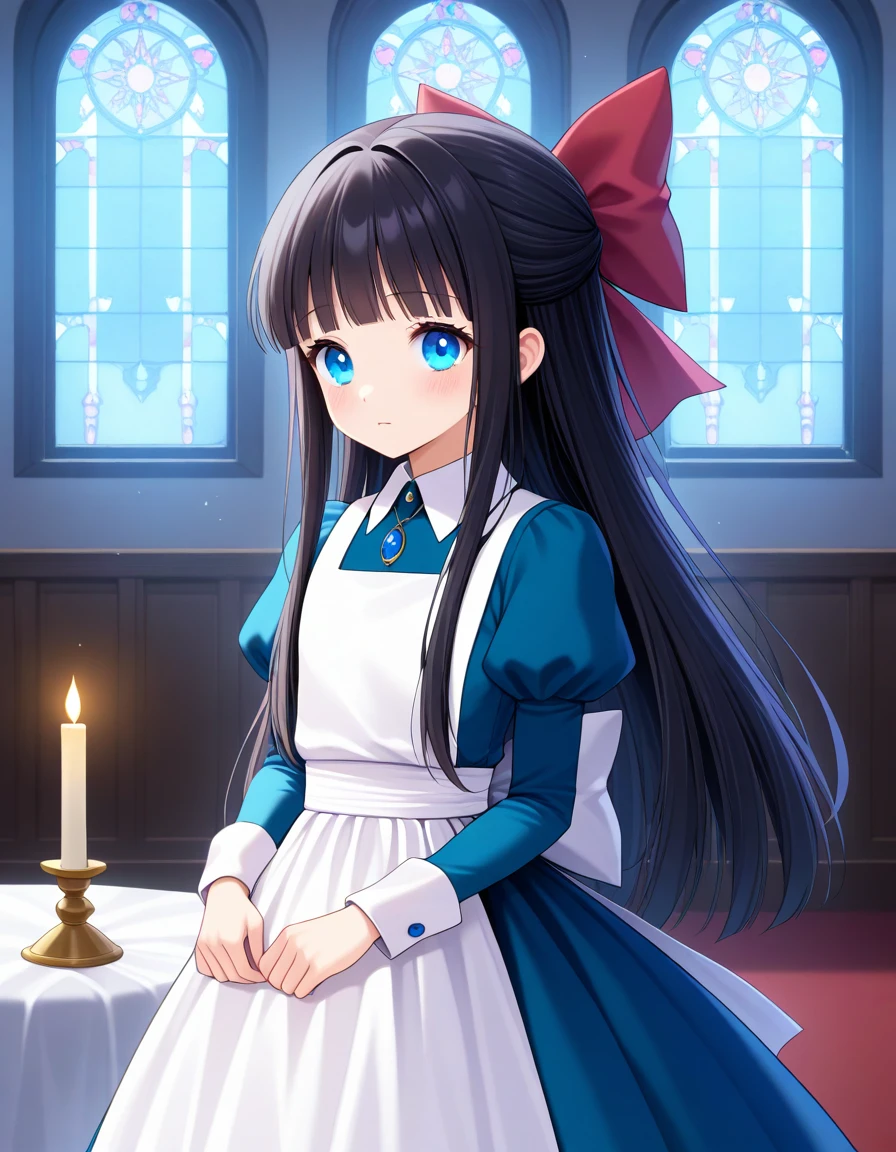 dimly lit room, candle light, gothic architecture, stained glass windows, mysterious atmosphere, medieval interior, magical realism,1girl,<lora:Aya_Drevis(Mad_Father):1>,aya_def,black hair,red hair bow,long hair,blue eyes, aya_cos,bow,dress,apron,juliet sleeves,long sleeves,puffy sleeves,blue dress,ribbon,white apron, masterpiece, best quality, amazing quality, newest