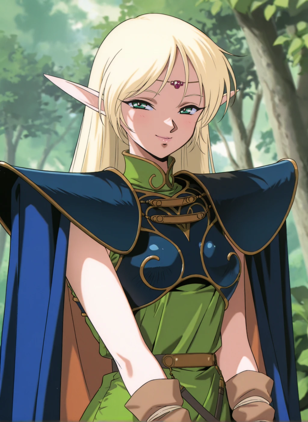 masterpiece,best quality,amazing quality,very aesthetic,high resolution,ultra-detailed,absurdres,newest,sensitive,depth of field,scenery BREAK
(1990s (style), retro artstyle),<lora:deedlit_V1_NOOB:1>,(deedlit,record of lodoss war,blonde hair,pointy ears,long hair,green eyes),(green dress, circlet, sleeveless,shoulder armor,armor,breastplate,cloak,blue cloak,),1girl,solo,seductive smile,standing,posing,outdoors,forest,looking at viewer,fantasy,upper body,