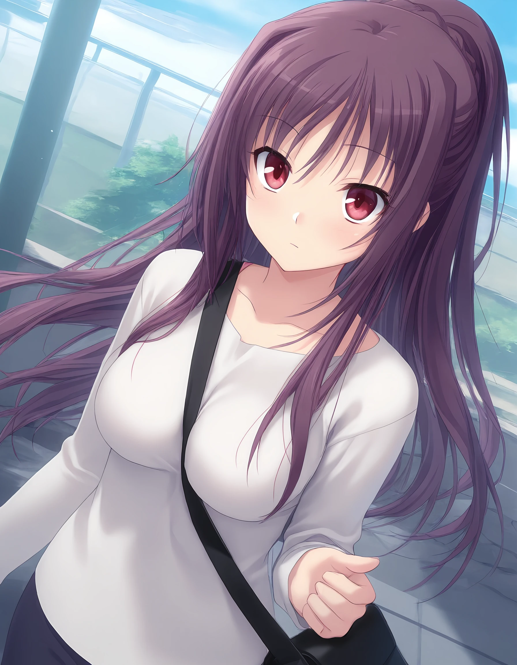 masterpiece, best quality, amazing quality, ultra detail, good anatomy, good hand,
BREAK 1girl, posing, <lora:pai-sura-illustrious:0.8> pai-sura, breasts emphasis, slant bag, bag strap passing between breasts,
BREAK <lora:takasu-miyabi Prima Stella (Atelier Kaguya)-illustrious:0.7> miyabi, purple hair, long hair, half updo, red eyes, large breasts casual,