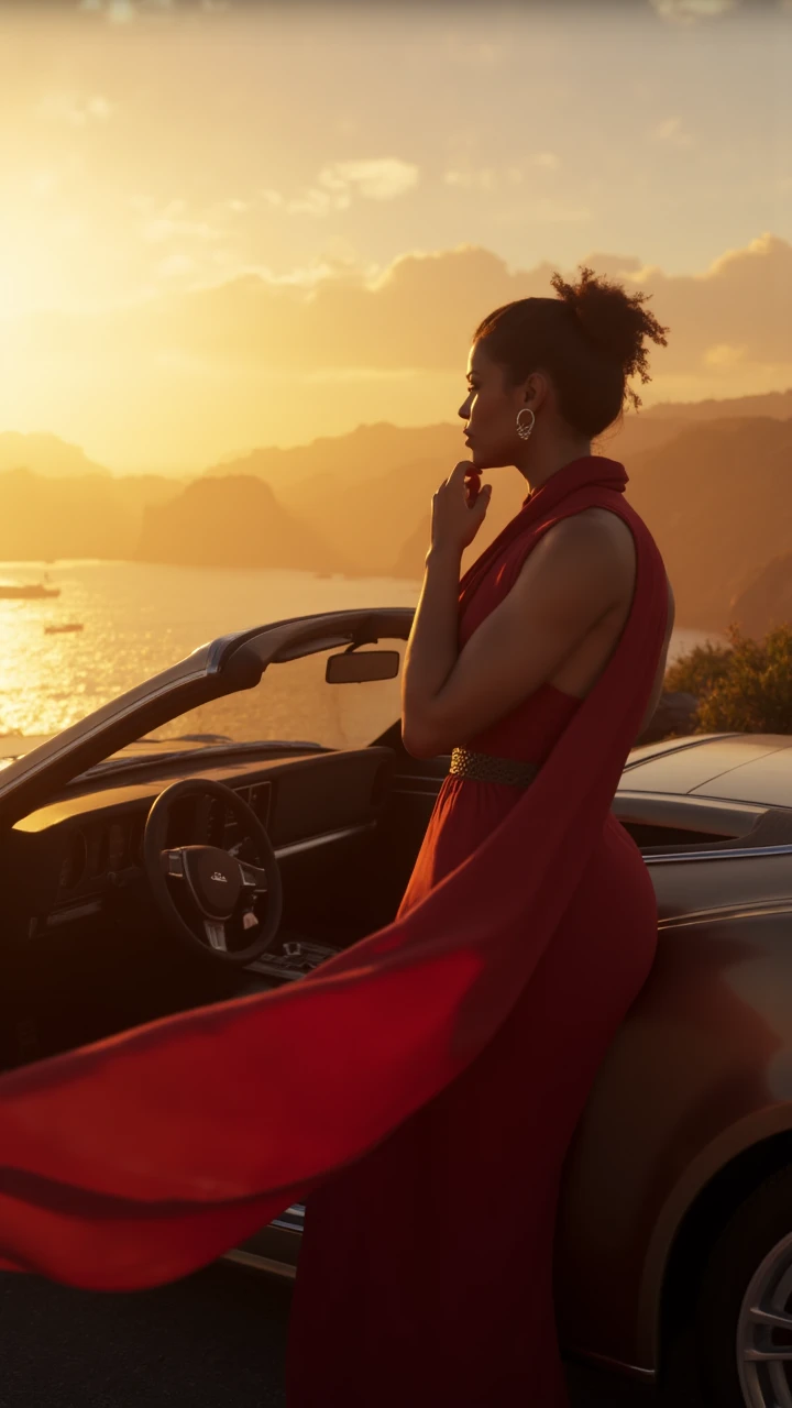 aidmagta6,    luxury convertible parked on a coastal cliff: at sunset, a woman in a flowing red scarf stands beside the car, wind teasing the fabric around her waist, one hand on the door, the other brushing her lips
