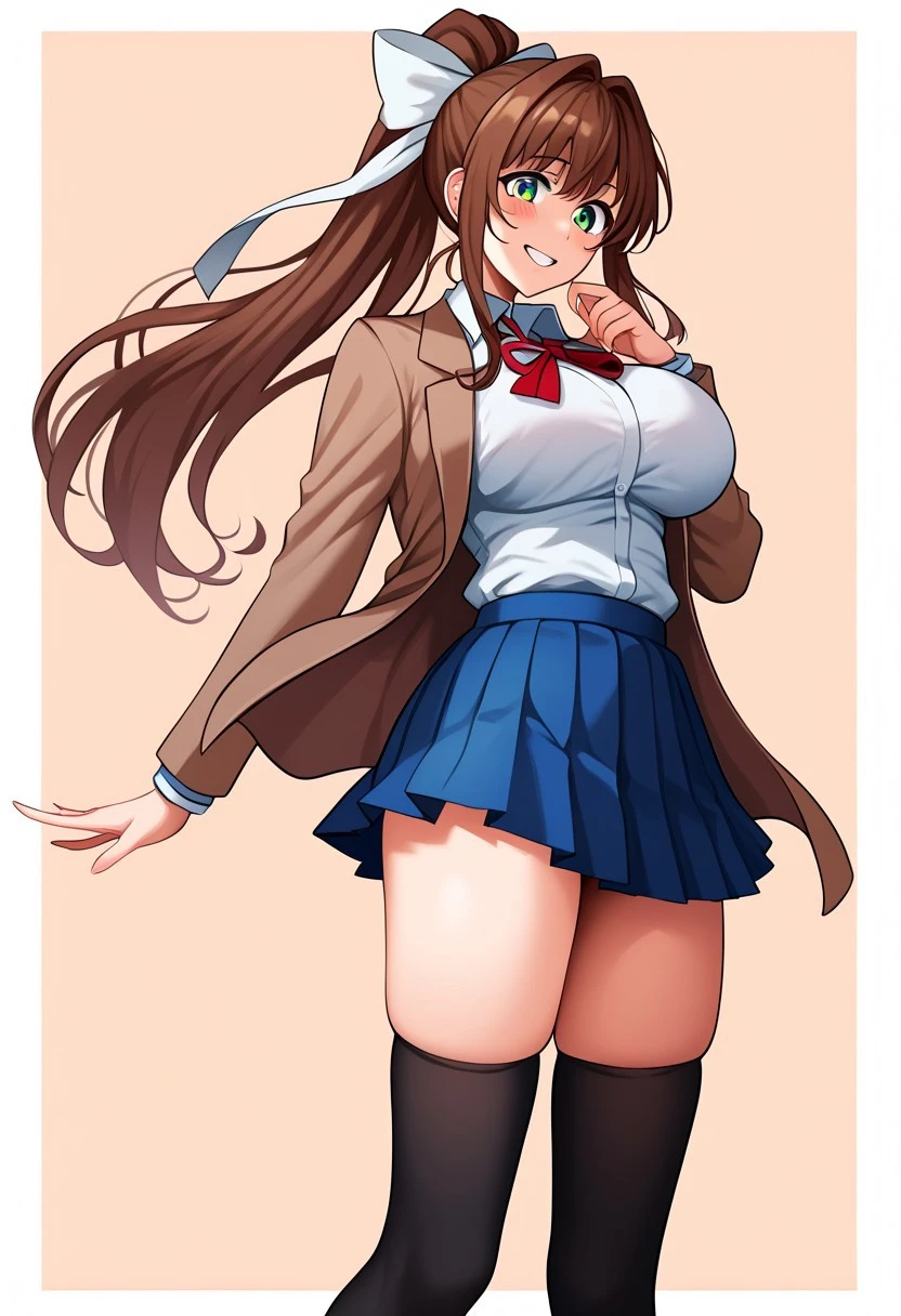 score_9, score_8_up, score_7_up, score_6_up, score_5_up, score_4_up, source_cartoon, <lora:confetti-extract- ponyxl:0.85>, detailed eyes, easynegative, rating_explicit, Expressiveh, 1girl, solo, rakusaku, big breasts, smiling at viewer, blush
Monika, very long hair,brown hair,ponytail,hair bow,white bow,hair ribbon,white ribbon,sidelocks,bangs,green eyes, school uniform,brown jacket,blazer,wing collar,neck ribbon,red ribbon,white shirt,long sleeves,medium breasts,skindentation,blue skirt,pleated skirt,zettai ryouiki,black thighhighs, big breasts