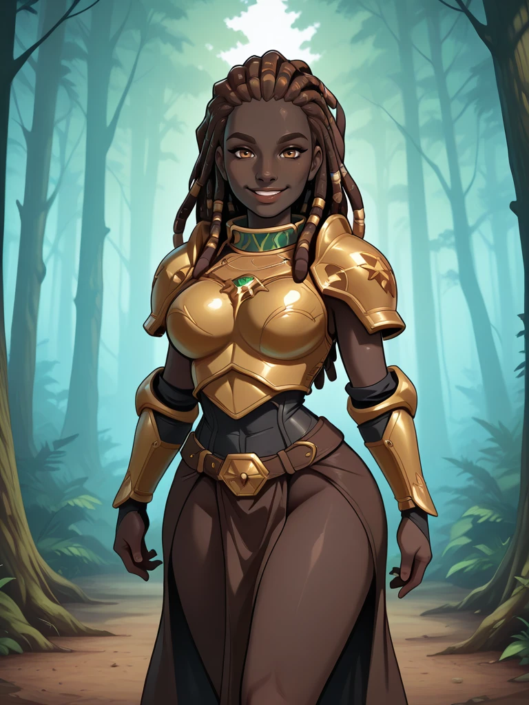 <lora:Harmonious_Jade__Exalted:0.7>
hjade,,very dark skin, long hair, brown hair, dreadlocks,,armor,
standing in a forest
looking at viewer, smiling