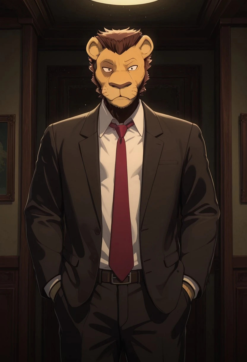 masterpiece, best quality, amazing quality, very aesthetic, absurdres, newest, high quality, detailed, male, solo male, Jinma, 1boy, mature male, male, athletic build, anthro, lion, tan fur, brown hair, animal ears, dark spot over right eye, white collared shirt, black suit, red tie, standing, indoors, looking at viewer, hands in pockets, volumetric lighting, office