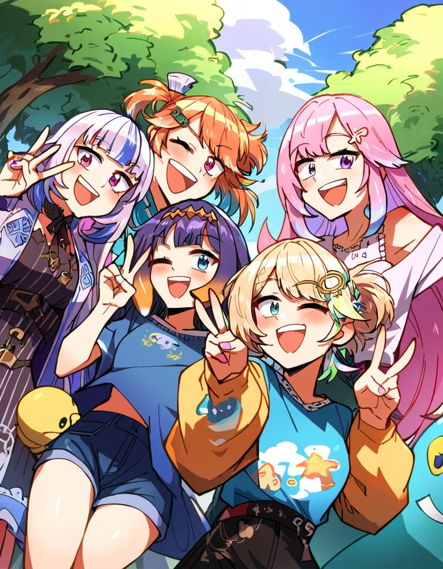 score_9, score_8_up, score_7_up, score_6_up, source_anime, anime coloring, <lora:by_ddolbang-pony-000017:0.8> by ddolbang, watson amelia, one eye closed, holomyth, virtual youtuber, mori calliope, takanashi kiara, multiple girls, ninomae ina'nis, gawr gura, 5girls, pink hair, multicolored hair, smile, blue eyes, purple hair, v, hair ornament, monocle hair ornament, blonde hair, purple eyes, tentacle hair, open mouth, orange hair