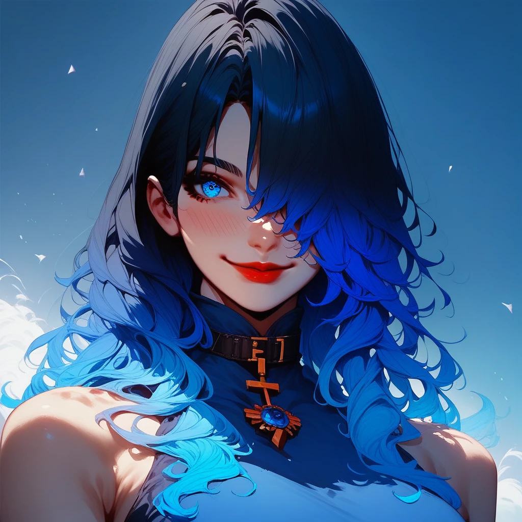 score_9, score_8_up, score_7_up, masterpiece, best quality, good quality, high quality, s1n0z1ck3xpr3ss41u,sinozickexpressaiuUOC,sinozickexpressaiu, rating_safe, 1girl, solo, long hair, breasts, looking at viewer, blush, smile, bangs, blue eyes, large breasts, black hair, closed dress, gloves, dress, bare shoulders, closed mouth, blue hair, upper body, multicolored hair, elbow gloves, hair over one eye, collar, lips, gradient hair, red lips,