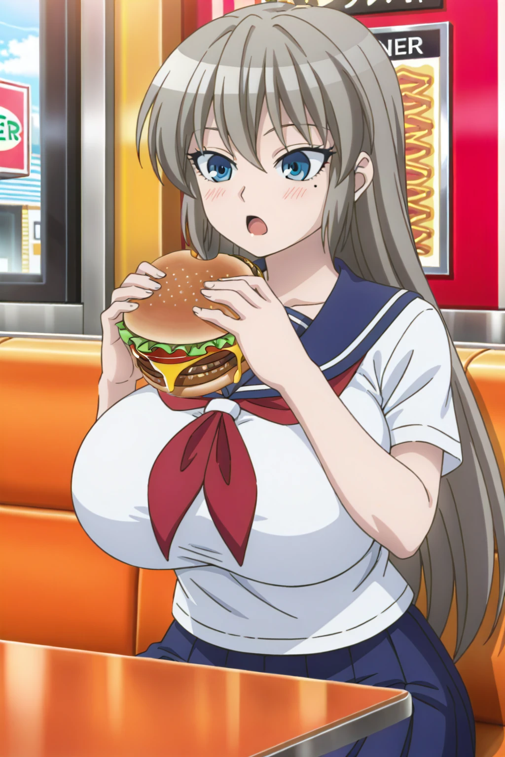 <lora:Ootorii Asuka Illustrious1:0.6>, ootorii asuka, mole under eye, huge breasts, solo, 1girl, sailor uniform, white shirt, pleated skirt, blue skirt, holding burger, sitting, table, diner, looking at burger, burger, open mouth, anime coloring