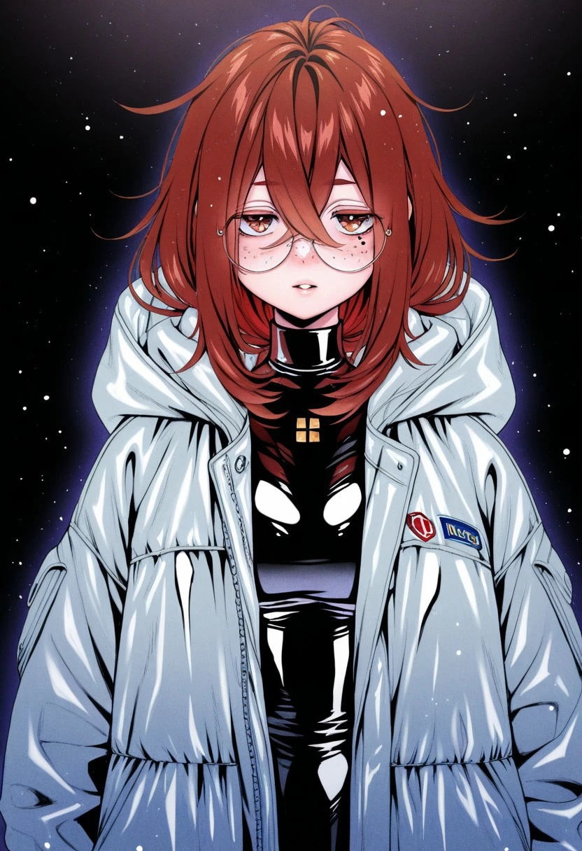 hogerarara, traditional media, highres, official_art, parted lips, looking at viewer, round eyewear, detailed face, freckles, red hair, brown hair, hair between eyes, mole under eye, oversized jacket, shiny clothes