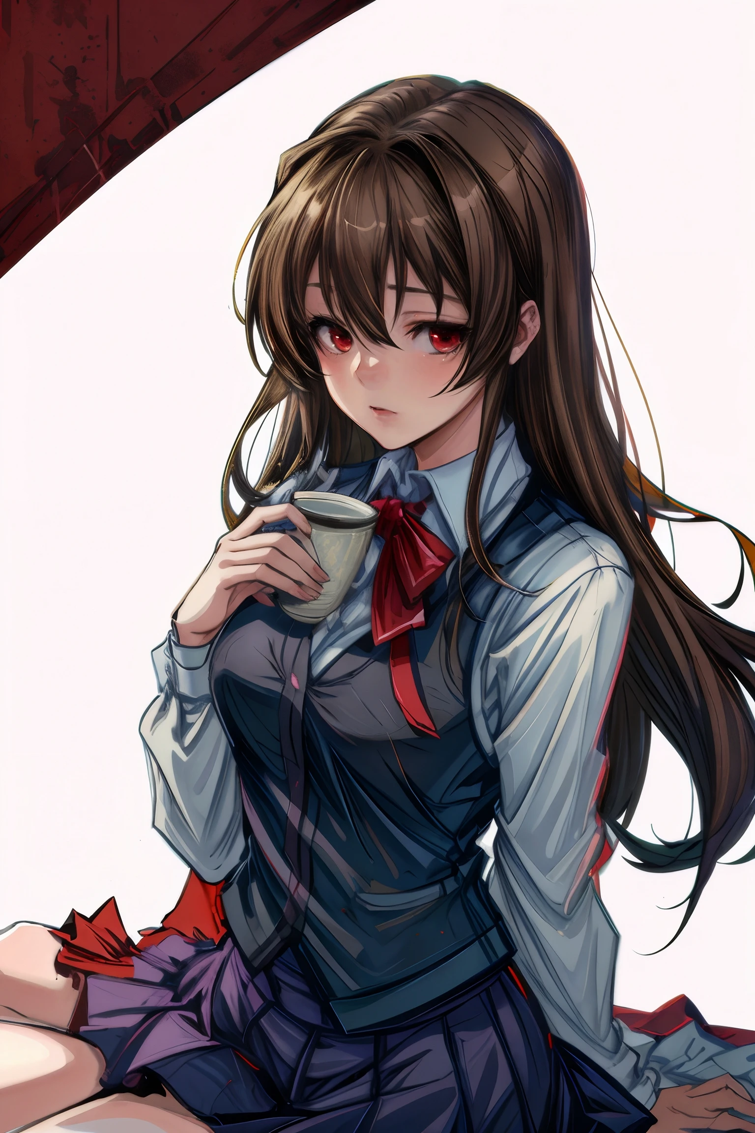 fujino_shizuru, an anime girl, 1girl, solo, long hair, looking at viewer, skirt, simple background, brown hair, red eyes, white background, school uniform, vest, cup