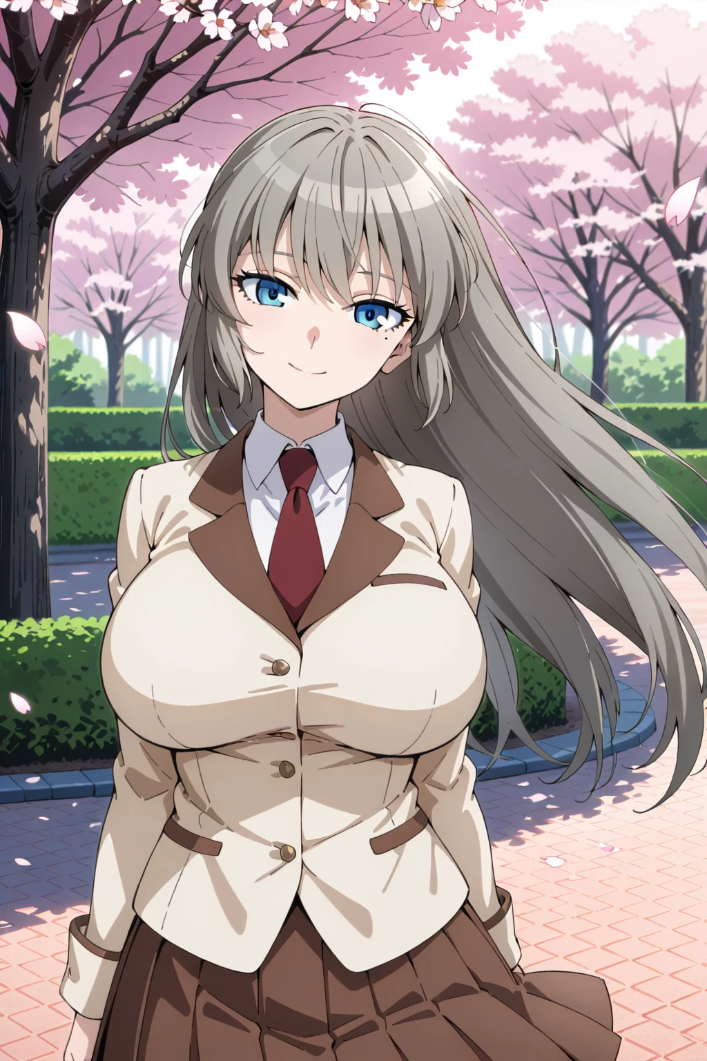 <lora:Ootorii Asuka Illustrious1:0.6>, ootorii asuka, mole under eye, huge breasts, school uniform, red necktie, pleated skirt, brown skirt, white shirt, collared shirt, blazer, pink petals, park, cherry blossoms, smile, looking at viewer, wind, head tilt