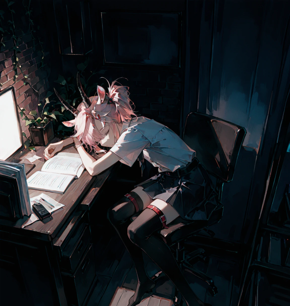 solo, earthspirit, pink hair, short hair, side ponytail, hairclip, horns, goat ears,
shirt, skirt, necktie, hairclip, thighhighs, thigh straps,
short sleeves,
masterpiece, best quality, amazing quality, very aesthetic, absurdres, newest,
indoors, office, desk, document stack, rack, sitting, (sleeping:1.35), brick wall, vines,
96yottea, late night, dark,