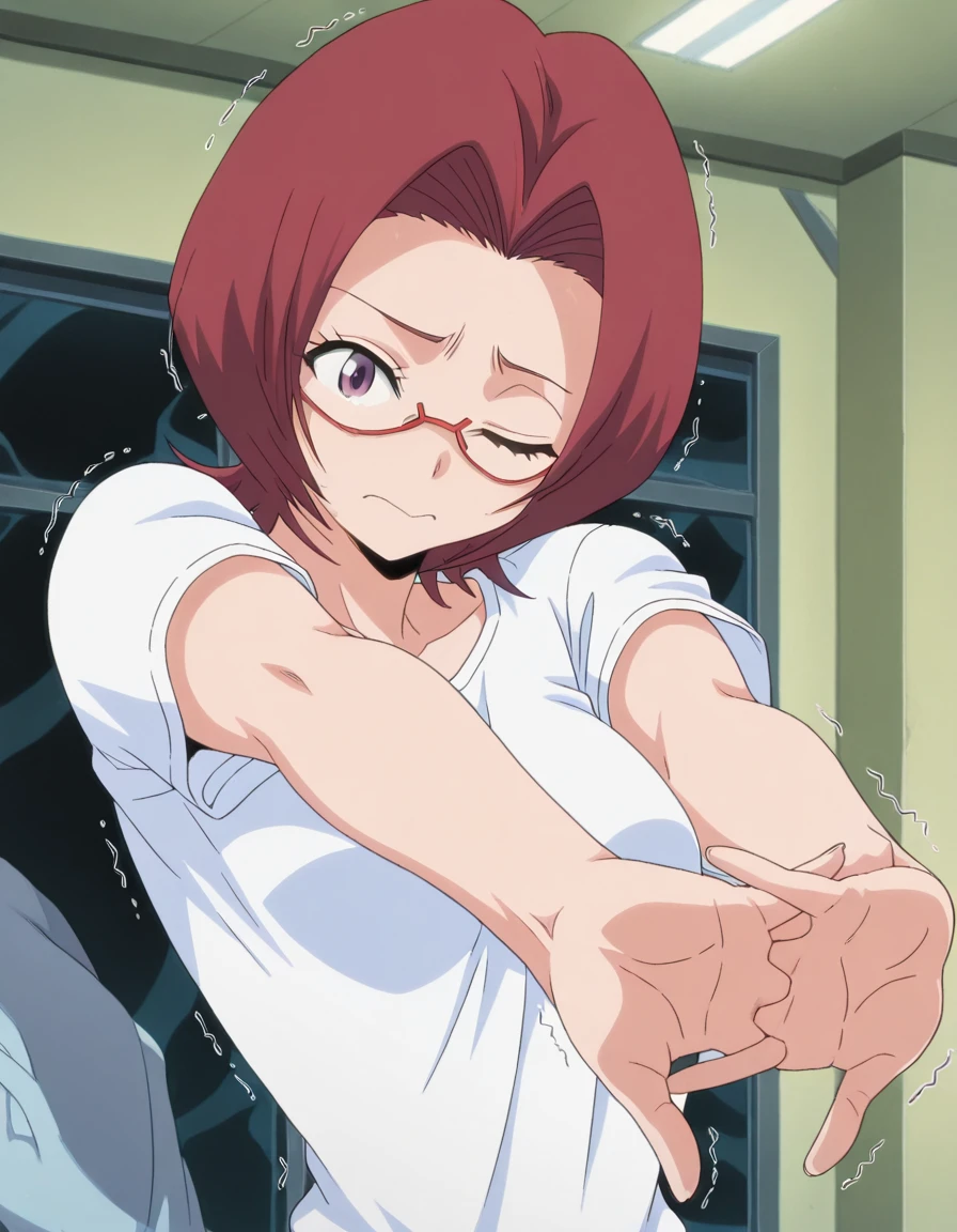 masterpiece, best quality, amazing quality,, <lora:chizuru-honsho-s1-illustriousxl-lora-nochekaiser:1>, chizuru honsho, short hair, red hair, purple eyes, glasses, mature female, small breasts, anime screencap, <lora:outstretched-arms-cracking-knuckles-illustriousxl-lora-nochekaiser:1>, outstretched arms cracking knuckles, stretching, own hands together, outstretched arms, cracking knuckles, one eye closed, stretching, trembling,, , ,