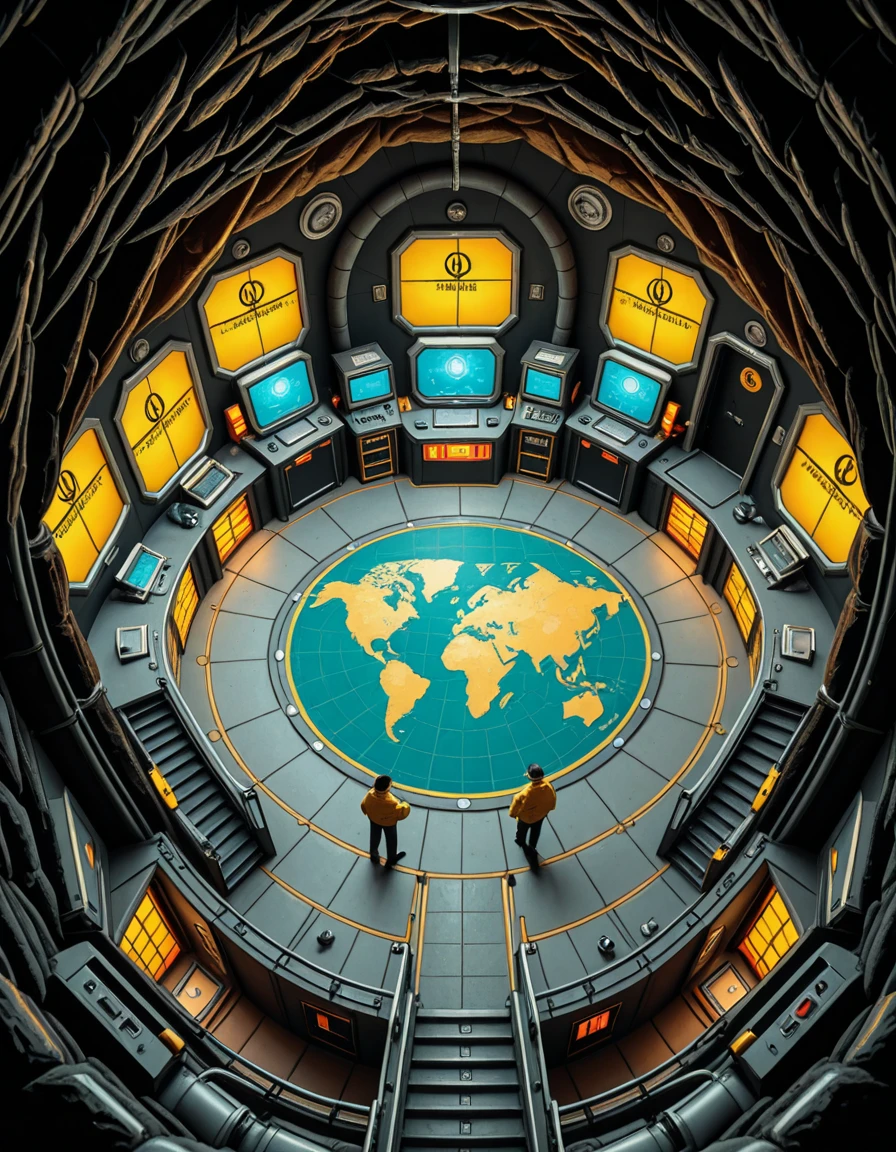 A high-angle view of a supervillain's underground lair carved into a volcanic island, inspired by the Evil Genius video game. The scene shows interconnected rooms with retro-futuristic decor: gold-trimmed control rooms filled with blinking monitors, training rooms with colorful equipment, prison cells with force fields, and luxurious private quarters featuring 1960s spy-movie aesthetics. Minions in yellow jumpsuits patrol the corridors, and a massive world domination map glows at the center of the operations hub. Lava tubes, reinforced blast doors, and hidden elevators are integrated into the design. The mood is colorful, stylized, and slightly humorous, reflecting the exaggerated comic-book villain style.Evil genius l41r, <lora:Evil_genius_l41r-i:1>, Masterpiece,best quality,hi res,8k,hi res,8k,award winning,(sharp focus, intricate, highly detailed),