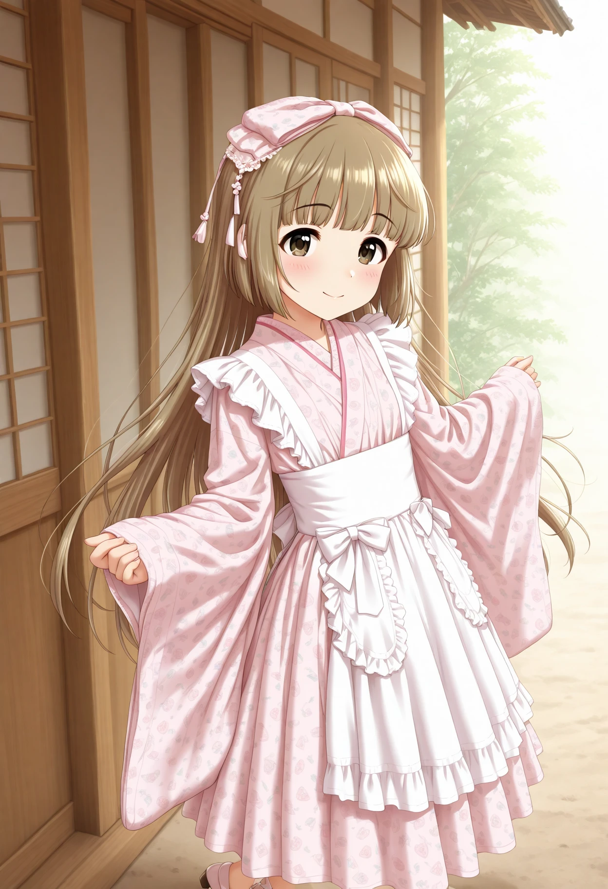 masterpiece, best quality, amazing quality, 1girl, solo, makeup, perspective, general, looking at viewer, dynamic angle, cowboy shot, panorama, blush, serene smile, outdoors, sunlight, day, <lora:Yorita_Yoshino_Cinderella:1>, Yorita_Yoshino_Cinderella, long hair, brown hair, very long hair, brown eyes, blunt bangs, hair ribbon, <lora:Japanese_Maid_Style_Apron_Dress_Long_Length:1>, Japanese_Maid_Style_Apron_Dress_Long_Length, long sleeves, wide sleeves, pink dress, long dress, floral print, white apron, maid apron, frilled apron, frills, maid, wa maid, japanese clothes, hair ornament, pink headdress, high heels, sleeves past wrists, <lora:wai-Rectified-s:1>, <lora:prompt_extend:1>