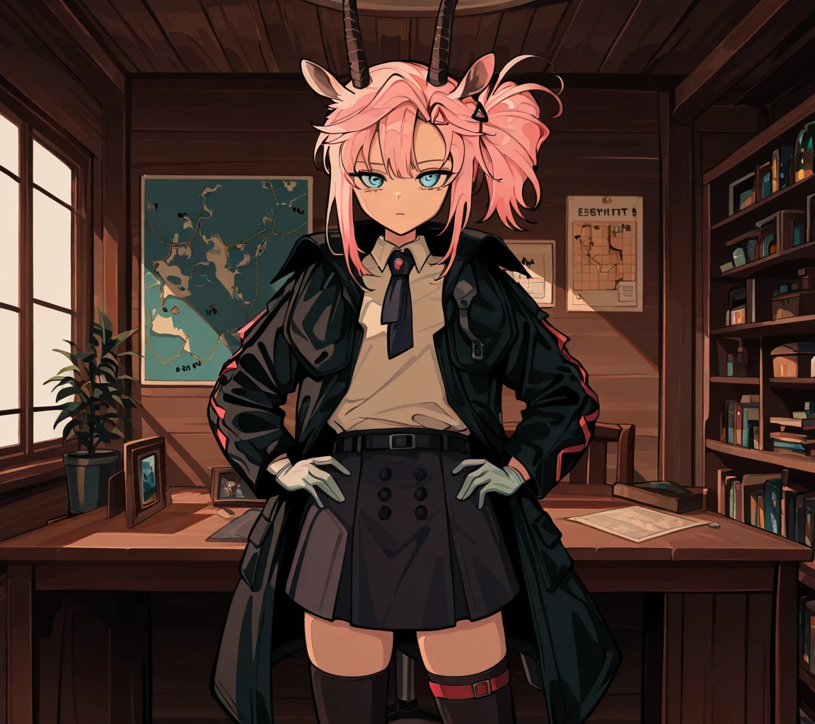 solo, earthspirit, pink hair, short hair, side ponytail, hairclip, horns, goat ears, blue eyes, looking at viewer,
coat, shirt, skirt, necktie, hairclip, gloves, thighhighs, thigh straps,
standing, cowboy shot, hands on hip,
masterpiece, best quality, amazing quality, very aesthetic, absurdres, newest,
indoors, cabin, window, binds, desk, chair, shelf, bookshelf, potted plant, wall map, minerals,
illustration by android,