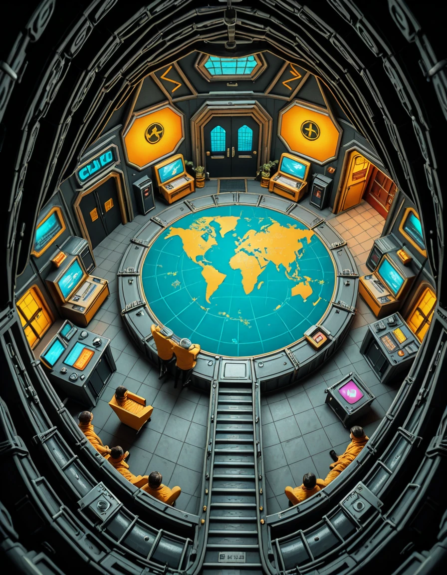 A high-angle view of a supervillain's underground lair carved into a volcanic island, inspired by the Evil Genius video game. The scene shows interconnected rooms with retro-futuristic decor: gold-trimmed control rooms filled with blinking monitors, training rooms with colorful equipment, prison cells with force fields, and luxurious private quarters featuring 1960s spy-movie aesthetics. Minions in yellow jumpsuits patrol the corridors, and a massive world domination map glows at the center of the operations hub. Lava tubes, reinforced blast doors, and hidden elevators are integrated into the design. The mood is colorful, stylized, and slightly humorous, reflecting the exaggerated comic-book villain style.Evil genius l41r, <lora:Evil_genius_l41r-i:1>, Masterpiece,best quality,hi res,8k,hi res,8k,award winning,(sharp focus, intricate, highly detailed),