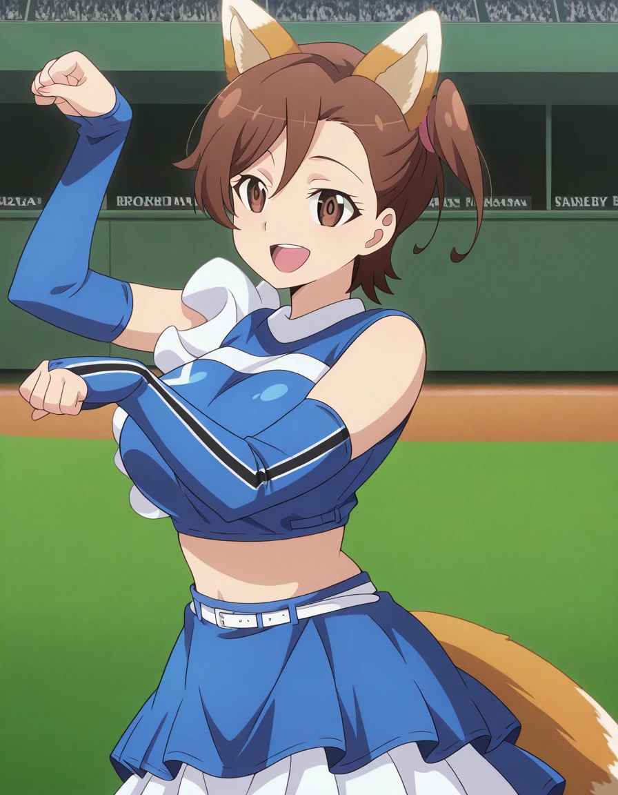 masterpiece, best quality, amazing quality,, <lora:shino-kuribayashi-s1s2-illustriousxl-lora-nochekaiser:1>, shino kuribayashi, short hair, brown hair, brown eyes, side ponytail, mature female, breasts, anime screencap, <lora:kitsune-dance-illustriousxl-lora-nochekaiser:1>, kitsune dance, cheerleader, layered skirt, paw pose, fox ears, white belt, fox tail, baseball stadium, blue shirt, blue skirt, crop top, sleeveless shirt, midriff, , ,