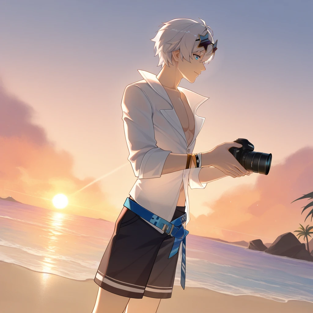masterpiece, best quality, ultra-detailed, very aesthetic, detailed background, year 2023, very aesthetic, newest, scenery, highres, 4k, absurdres, 8k, colorful,vibrant, glowing, perfect face, 2d, perfect eyes, detailed eyes, 1boy, male focus, solo, beach, ocean, outdoors, palm trees, rocks, pebbles, detailed background, evening, sun, sky, clouds,
sunset, holding photo-camera, camera, looking at sunset, gentle smile, angled shot, cowboy shot, from side,
short hair, white hair, blue eyes, KevinHi3, Kvn_Swm, wrist strap, wristband, blue belt, crossed belts, swim trunks, orange strap, black shorts, shorts, partially unbuttoned, hawaiian shirt, alternate white shirt, sleeves past elbows, rolled up sleeves, collarbone, star-shaped eyewear, eyewear on head, sunglasses, open shirt,
masterpiece, best quality, ultra-detailed, very aesthetic, newest, scenery, absurdres, perfect anatomy, perfect legs, perfect face, perfect eyes, clear eyes, beautiful eyes, perfect feet,