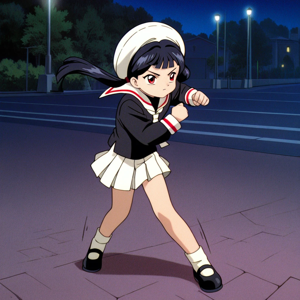 absurdres,highres,masterpiece,best quality,amazing quality,official anime artwork,outdoors,
anime screencap,CCS98 \(style\),
aged down,
1girl,solo,
(Volumetric Lighting,Cinematic Lighting),street,lamppost,
floating hair,fighting stance,
upper body,dynamic pose,motion lines,motion blur,
BREAK <lora:limeiling_CCS98_illuV01_b3g2plw1c1wd05_d32a16_lr1200y986_rvs:1>,
limeiling_CCS98,black hair,long hair,twintails,white beret,blunt bangs,red eyes,tomoeda elementary school uniform,black shirt,white sailor collar,white necktie,long sleeves,white cuffs,white pleated skirt,white ankle socks,black mary janes,