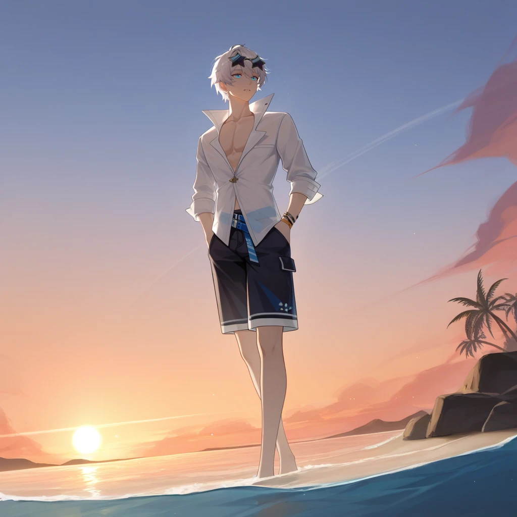 masterpiece, best quality, ultra-detailed, very aesthetic, detailed background, year 2023, very aesthetic, newest, scenery, highres, 4k, absurdres, 8k, colorful,vibrant, glowing, perfect face, 2d, perfect eyes, detailed eyes, 1boy, male focus, solo, beach, ocean, outdoors, palm trees, rocks, pebbles, detailed background, evening, sun, sky, clouds,
sunset, walking, shallow water, full body, foreshortening, hands in pockets, looking ahead, parted lips,
short hair, white hair, blue eyes, KevinHi3, Kvn_Swm, wrist strap, wristband, blue belt, crossed belts, swim trunks, orange strap, black shorts, shorts, partially unbuttoned, hawaiian shirt, alternate white shirt, sleeves past elbows, rolled up sleeves, collarbone, star-shaped eyewear, eyewear on head, sunglasses, open shirt,
masterpiece, best quality, ultra-detailed, very aesthetic, newest, scenery, absurdres, perfect anatomy, perfect legs, perfect face, perfect eyes, clear eyes, beautiful eyes, perfect feet,