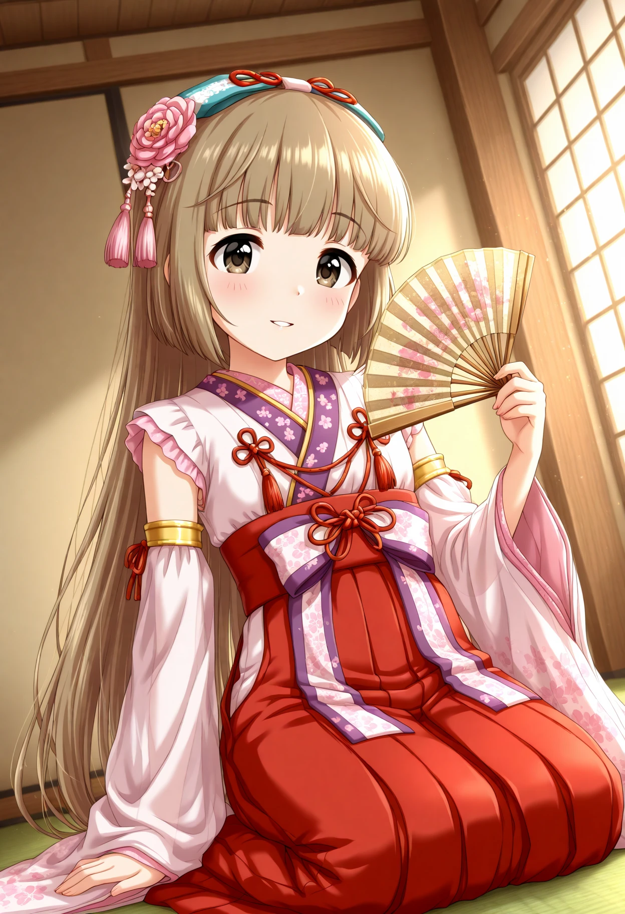 masterpiece, best quality, amazing quality, 1girl, solo, makeup, perspective, general, looking at viewer, dynamic angle, upper body, serene smile, indoors, seiza, holding fan, <lora:Yorita_Yoshino_Cinderella:1>, Yorita_Yoshino_Cinderella, long hair, brown hair, very long hair, brown eyes, blunt bangs, hair ribbon, frills, parted lips, detached sleeves, japanese clothes, hair flower, wide sleeves, kimono, see-through, floral print, tassel, rope, hakama, hakama skirt, miko, red hakama, sleeveless kimono, red skirt, <lora:wai-Rectified-s:1>, <lora:prompt_extend:1>