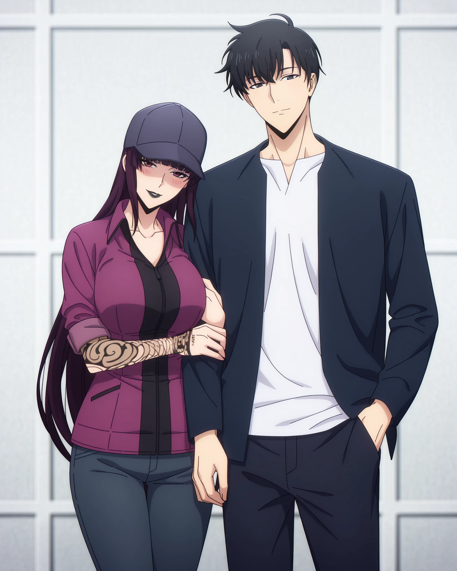 best quality, highly aesthetic, absurdres, masterpiece, <lora:Kanae_TawataV05:1>, kanae_tawata_pm, purple hair, long hair, (arm tattoo:0.8), large breasts, black lips, blunt bangs, red eyes, seductive smile, jacket, pants, baseball cap, jin-woo_sung_pm, black hair, black eyes, 1girl, 1boy, standing, looking at viewer, arm hug, blush,