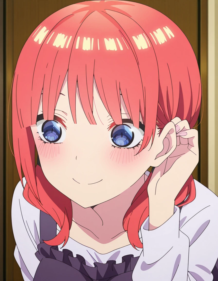 masterpiece, best quality, amazing quality,, <lora:nino-nakano-honeymoon-illustriousxl-lora-nochekaiser:1>, nino nakano, short hair, bangs, blue eyes, twintails, pink hair, blunt bangs, medium hair, eyebrows hidden by hair, mature female, breasts, anime screencap, <lora:tucking-hair-illustriousxl-lora-nochekaiser:1>, tucking hair, adjusting hair, hand on own hair, hair behind ear, smile, bent over, leaning forward, blush,, , ,