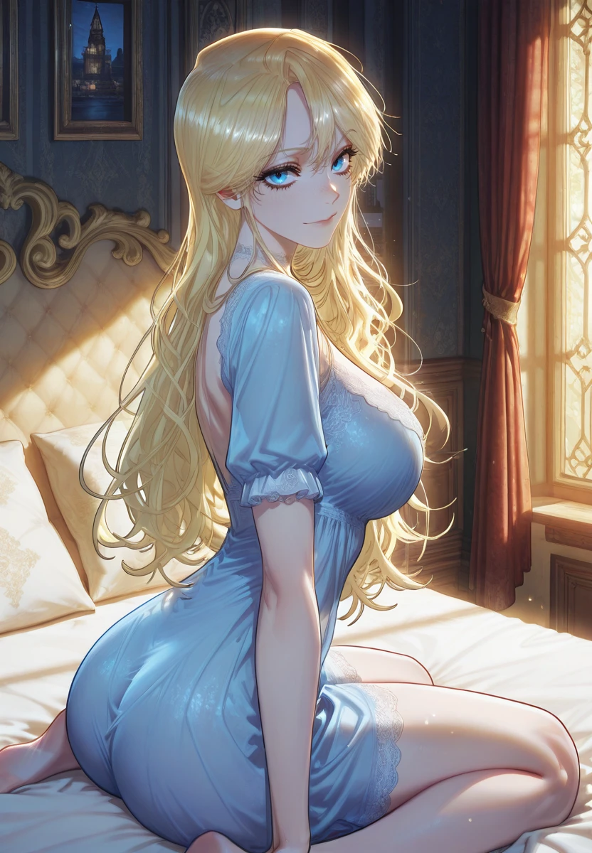 Fairy Tale Style，sleeping Beauty，A woman with big ，Beautiful princess，Long blond hair，Exquisite，(Super short)Nightdress，Cleavage，Slim waist，pubic，blush，bedroom，
