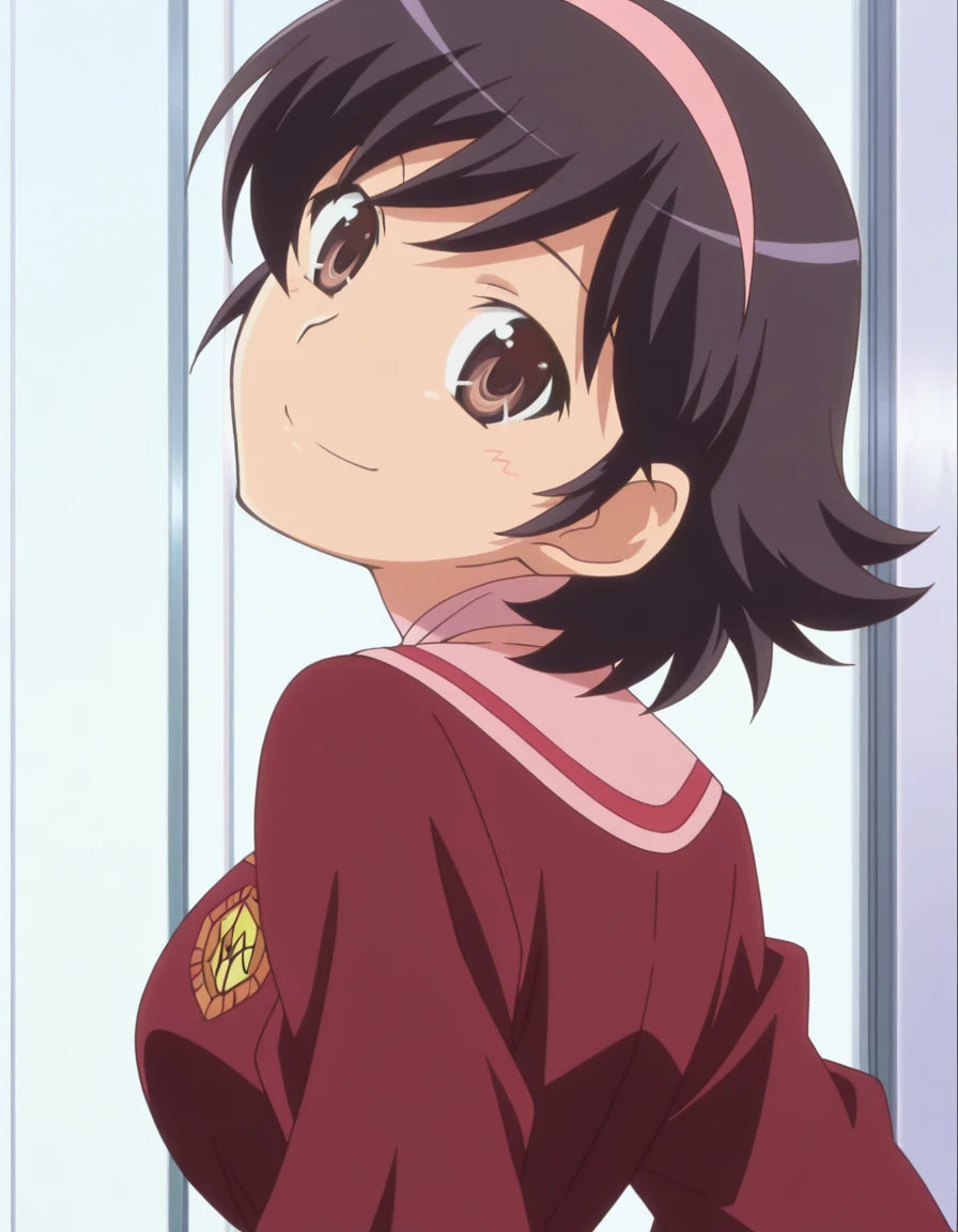 masterpiece, best quality, amazing quality,, <lora:ayumi-takahara-s1s2-illustriousxl-lora-nochekaiser:1>, ayumi takahara, takahara ayumi, short hair, black hair, brown eyes, hairband, mature female, medium breasts, anime screencap, <lora:shaft-look-illustriousxl-lora-nochekaiser:1>, shaft look, looking back, from behind, head tilt, upper body, smile,, , ,