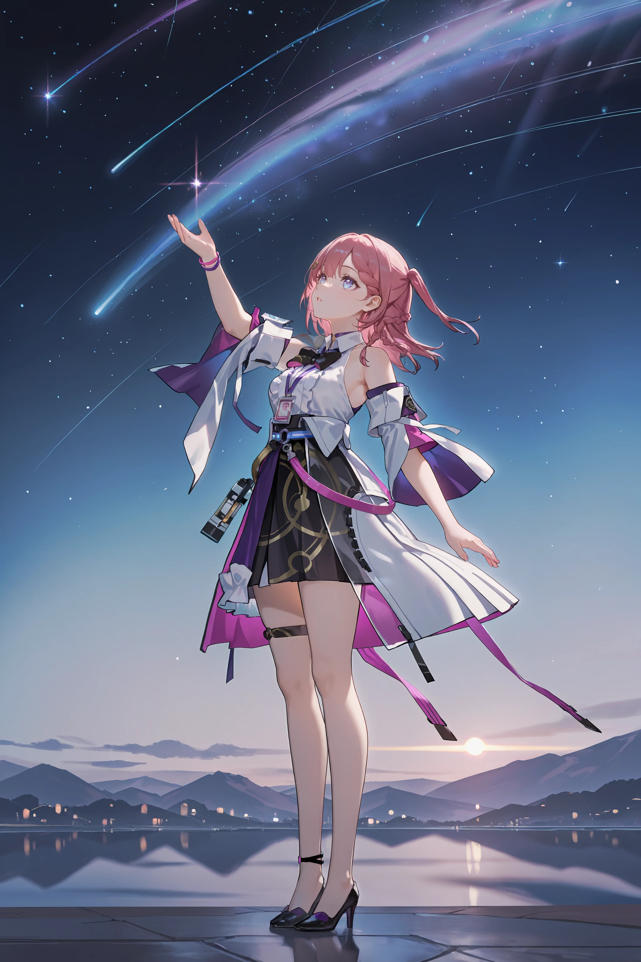 1girl, asta \(honkai: star rail\), detached sleeves, sleeveless shirt, id card, high heels, high-waist skirt, overskirt, anklet, thigh strap, bracelet, hairpin, belt, bowtie, choker, looking up, starry sky, shooting star, parted lips, full body, standing <lora:Char-HonkaiSR-Asta-V3-IL:0.9:hr=0.6>, mimoza \(96mimo414\), rei \(sanbonzakura\), mochi \(circle rin\), (rhasta, yonchan, watao, minaba hideo:0.95)
masterpiece, best quality, amazing quality, very aesthetic, absurdres, newest, (scenery, volumetric lighting), ray tracing, (bloom:1.4), cinematic