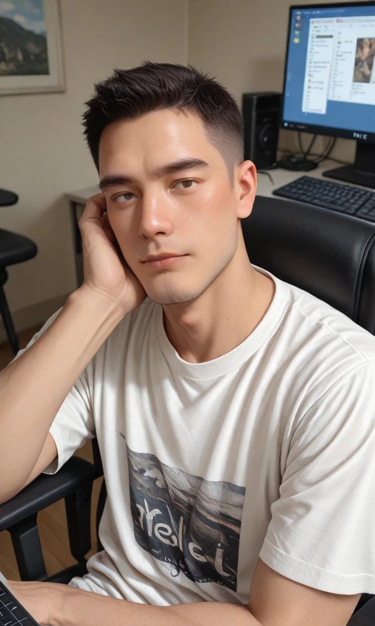 (A male pilot/very handsome face, very short hair) lazily lying on a chair, operating a computer. The display screen shows a comfyui AI painting workflow, with cola in his left hand and a mouse in his right hand