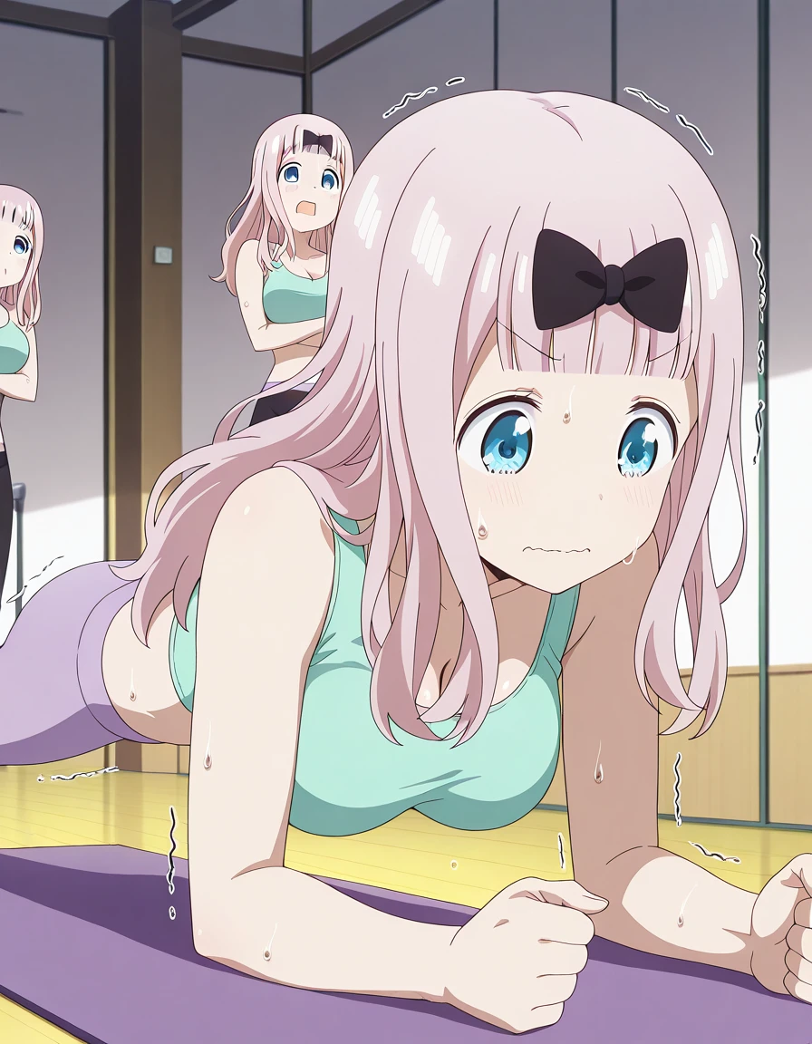 masterpiece, best quality, amazing quality,, <lora:chika-fujiwara-s3-illustriousxl-lora-nochekaiser:1>, chika fujiwara, fujiwara chika, long hair, bangs, blue eyes, bow, pink hair, hair bow, blunt bangs, black bow, mature female, breasts, anime screencap, <lora:planking-illustriousxl-lora-nochekaiser:1>, planking, exercising, yoga mat, yoga, yoga pants, trembling, struggling, sweat, sports bra,, , ,