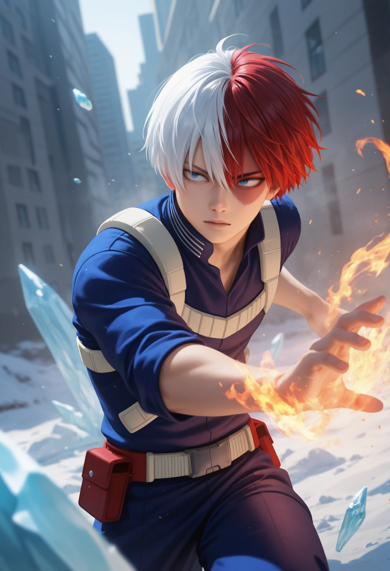 masterpiece, best quality, realistic, dynamic pose, 
1boy,  solo, depth of field, scenery, 
todoroki_shouto, boku_no_hero_academia, 1boy, red_hair, blue_eyes,
fire, ice,
