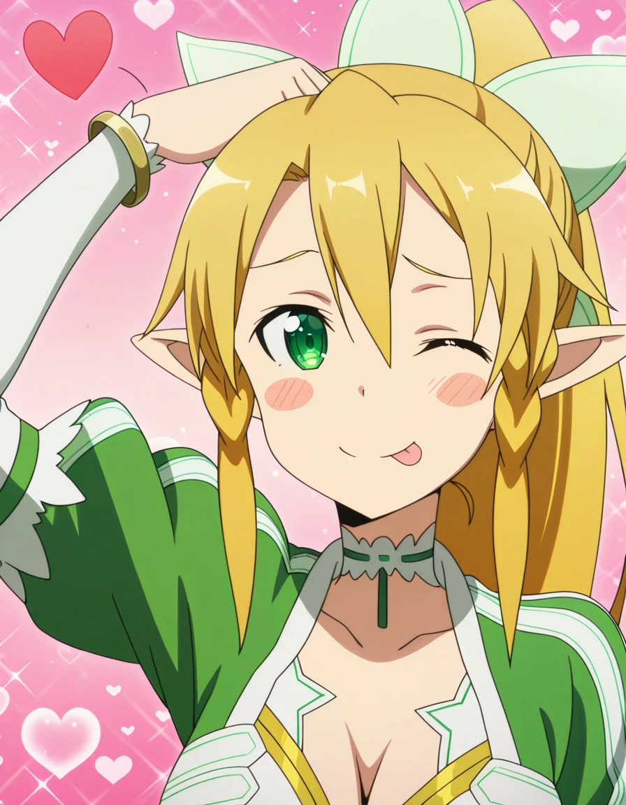 masterpiece, best quality, amazing quality,, <lora:suguha-kirigaya-s1-illustriousxl-lora-nochekaiser:1>, suguha kirigaya, leafa (sao), long hair, blonde hair, hair between eyes, green eyes, ponytail, braid, pointy ears, twin braids, mature female, breasts, anime screencap, <lora:dojikko-pose-illustriousxl-lora-nochekaiser:1>, dojikko pose, blush, heart, blush stickers, smile, tongue out, arm up, looking at viewer, one eye closed, , ,