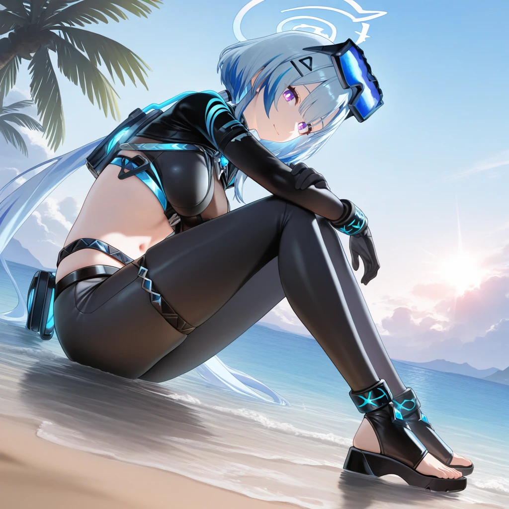 masterpiece, best quality, ultra-detailed, very aesthetic, detailed background, year 2023, very aesthetic, newest, scenery, highres, 4k, absurdres, 8k, colorful,vibrant, glowing, perfect face, 2d, perfect eyes, detailed eyes, 1girl, solo, ocean, outdoors, palm trees, rocks, pebbles, detailed background, day, sun, sky, clouds, sitting on sand, shallow water, white pupils, looking at viewer, hand rest, from side, full body, angled shot, gentle smile, hand on own knee, bend knee, closed mouth, leaning backwards, GriseoSWM, light blue hair, blue streaks, streaked hair, low twintails, long hair, purple eyes, goggles on head, blue-tinted eyewear, belt, hairclip, crop top, underbust, midriff, anklet, stirrup legwear, toeless footwear, black footwear, navel, black belt, loose belt, see-through cleavage, black shrug, shrug (clothing), light blue trim, blue gem, swimsuit, black leggings, leggings, criss-cross strings, black sleeves, long sleeves, black gloves, gloves, black bracelet, tube, thigh strap,
masterpiece, best quality, ultra-detailed, very aesthetic, newest, scenery, absurdres, perfect anatomy, perfect legs, perfect face, perfect eyes, clear eyes, beautiful eyes, perfect feet,