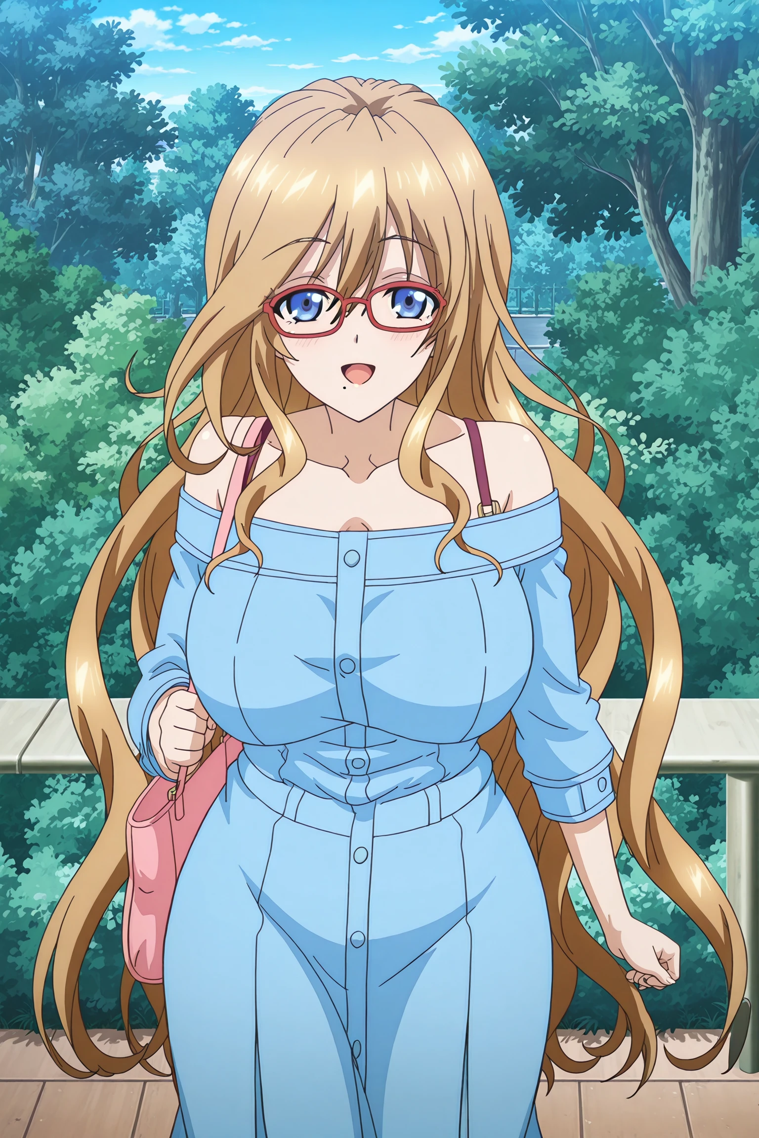 (style of Fairy Tail), (post-timeskip), (high quality), (high resolution), (anime art:0.1), 1girl, solo, long hair, looking at viewer, swept bangs, light-pink eyes, smirking, (circle len glasses), (huge breast), (curvy body), wavy hair, (dark brown hair:1.0), (dark tanned skin), (brown colored skin tone), pink top hat, pink bowtie, ((long puffy pink fur coat)), (pink latex dress), upper body, close-up,