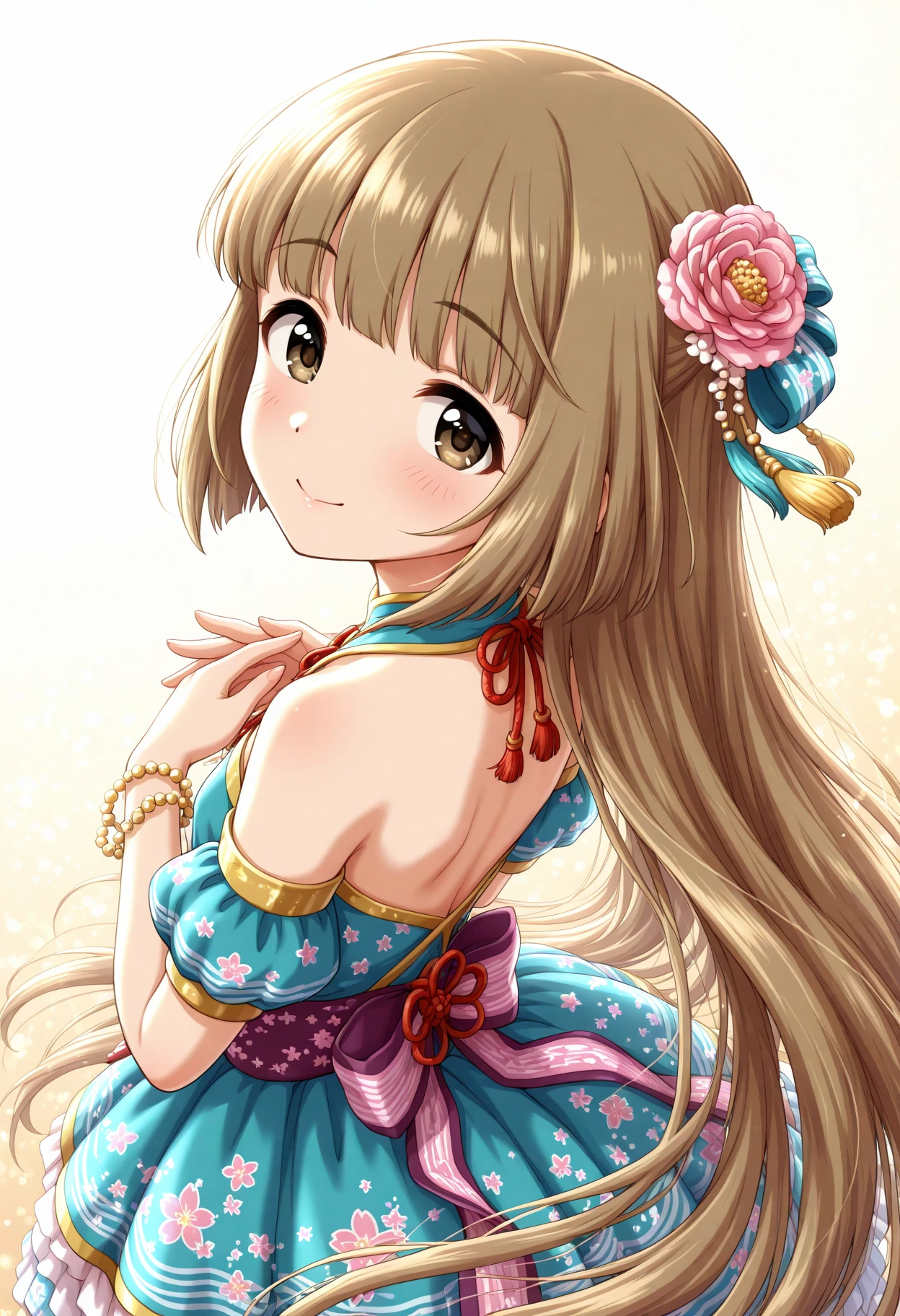 masterpiece, best quality, amazing quality, 1girl, solo, makeup, perspective, general, looking at viewer, dynamic angle, upper body, serene smile, looking back, <lora:Yorita_Yoshino_Cinderella:1>, Yorita_Yoshino_Cinderella, long hair, brown hair, very long hair, brown eyes, blunt bangs, hair ribbon, dress, ribbon, jewelry, bare shoulders, short sleeves, detached sleeves, hair flower, bracelet, sleeveless dress, blue dress, halterneck, floral print, tassel, layered dress, print dress, <lora:wai-Rectified-s:1>, <lora:prompt_extend:1>