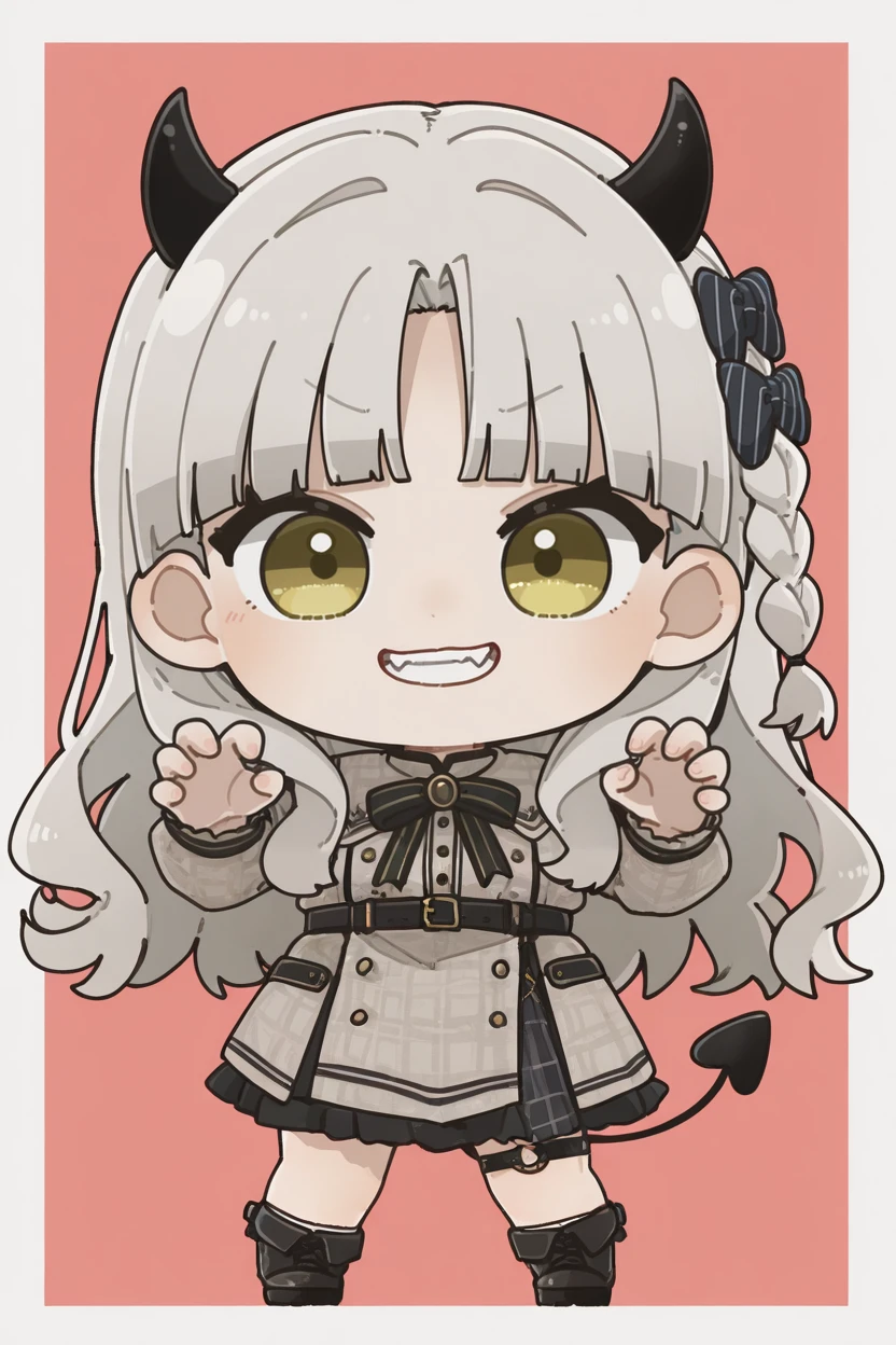 masterpiece, best quality, very aesthetic, newest, absurdres, highres,
1girl, solo,
<lora:NagamineKaedeIllustriousV1:1> nagaminekaede, long hair, wavy hair, grey hair, blunt bangs, (parted bangs:1.2), single braid, hair bow, yellow eyes,
simple background, outside border, demon horns, demon tail, smile, teeth, claw pose, fang,
<lora:Arikuigames1105IllustriousV1:1> arikuigames1105, chibi, full body