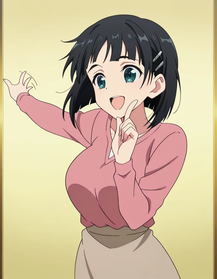 masterpiece, best quality, amazing quality,, <lora:suguha-kirigaya-s1-illustriousxl-lora-nochekaiser:1>, suguha kirigaya, short hair, black hair, hair ornament, hairclip, green eyes, mature female, breasts, anime screencap, <lora:hoshino-ruby-dance-illustriousxl-lora-nochekaiser:1>, hoshino ruby dance, finger wagging, index finger raised, dancing, outstretched arm, cowboy shot, smile, open mouth,, , ,