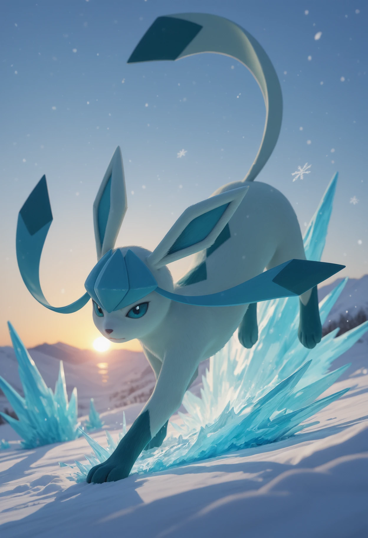 masterpiece, best quality, realistic, dynamic pose,
, solo, depth of field, scenery,
glaceon, pokemon, pokemon_(creature), no human, snowflakes, fur, aura
ice, snow, sunrise,